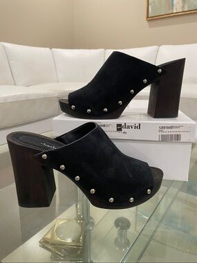 NIB Charles David clogs black kid suede gold studded mules heel slides platform